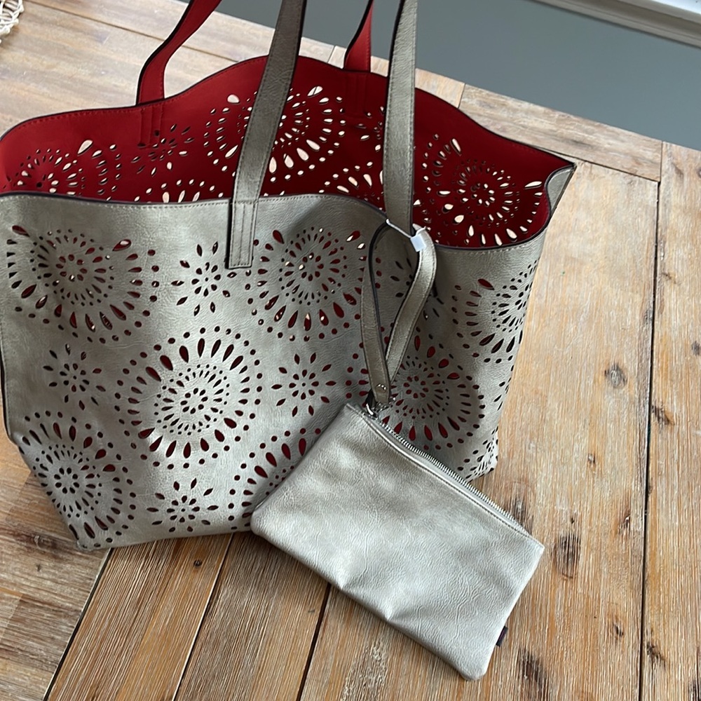 Echo designs tote reversible silver and red with matching clutch